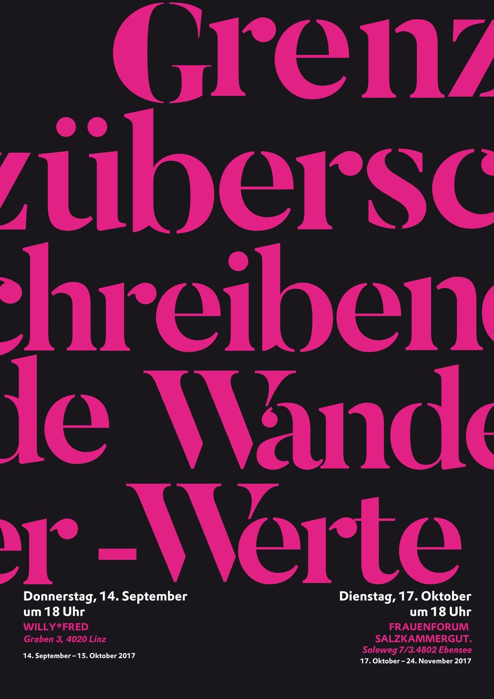 Ein Projekt von maiz in Zusammenarbeit mit mehrerne Initiativen und Kulturschaffenden u.a. Studierenden des Seminars
 
  Kritische künstlerische Praxis
 
 (SS/17 von P. Dimitrova).


 In Kooperation mit TRAFO.K, Frauenforum Salzkammergut, Willy*Fred, Akademie der bildenden Künste Wien, gefördert durch das Land OÖ im Rahmen des Kupf-Innovationstopfes 2016