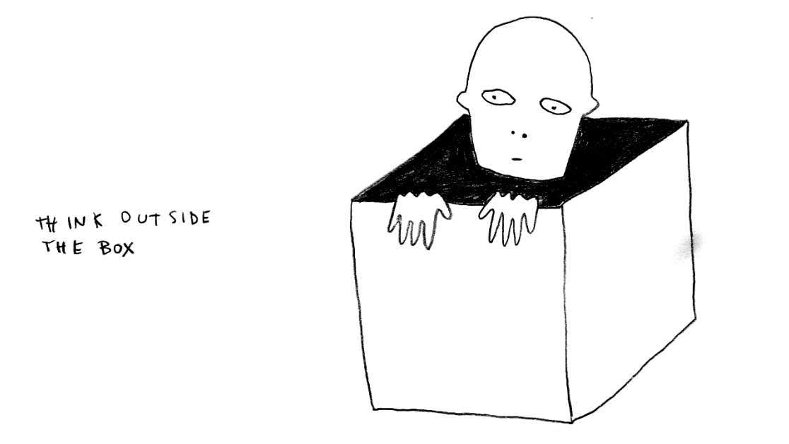Zeichnung eines kleinen Mannes in einer Kiste