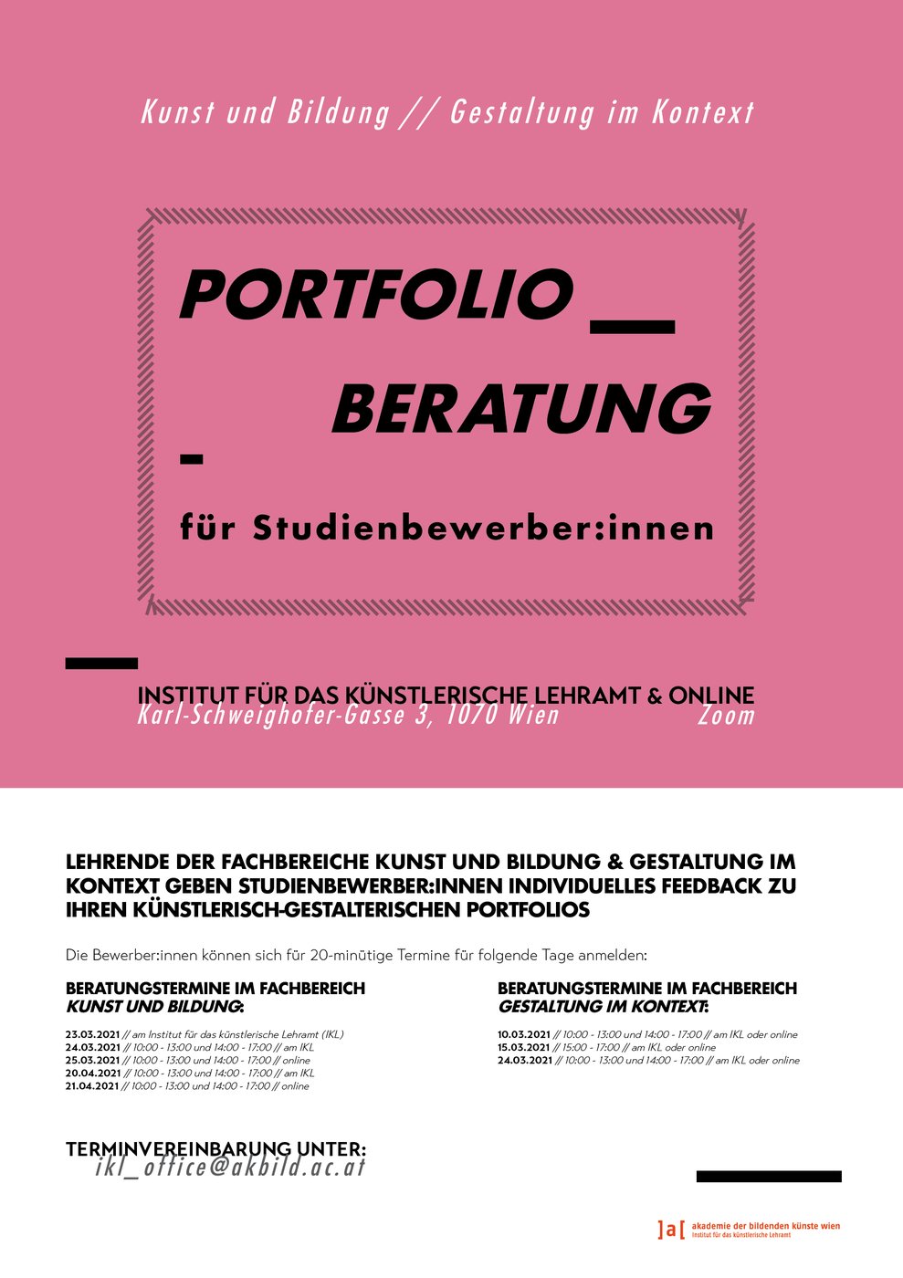 Lehrende der Fachbereiche Kunst und Bildung und Gestaltung im Kontext geben Studienbewerber_innen individuelles Feedback zu ihren künstlerisch-gestalterischen Portfolios.