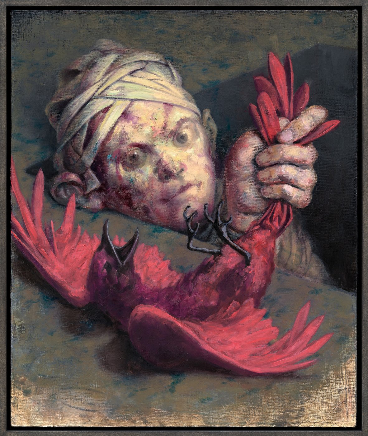 Gemälde von einer Person die aus einem Schacht einen roten Vogel auf den Boden hält, der Kopf des Menschen ist verbunden