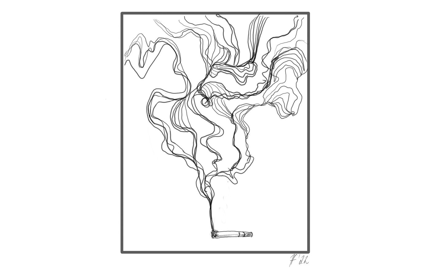 Schwarzweiß-Grafik. Auf weißem Hintergrund befindet sich ein schwarzer, rechteckiger und hochformatiger Rahmen. In diesem ist am unteren Rand eine angezündete Zigarette abgebildet. Von dieser steigt schwarzer Rauch auf und bildet verschnörkelte Muster.