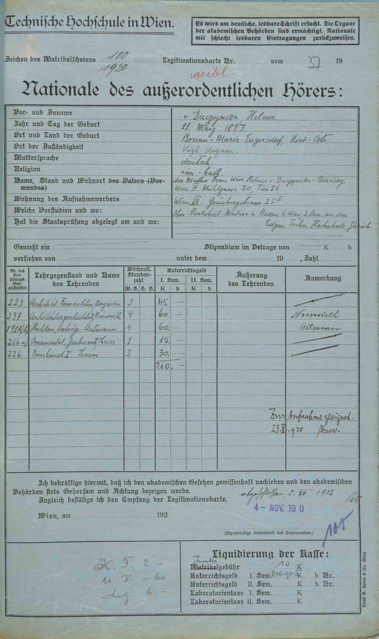 Gedruckter Studienakt der Architekturschule der Technischen Hochschule in Wien, 1. Seite eines Bogens in Folioformat aus blauem Papier mit den Stammdaten und Studiendaten von Helene Duczynska, die Einträge in Handschrift mit schwarzer Tinte