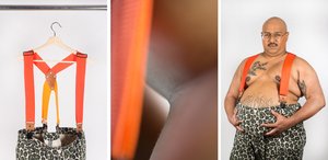 From left to right: A photo of Anshuman’s leopard-print pants and bright orange suspenders, hanging from a wooden clothes hanger. The hanger is attached to clear fishing wire beneath a silver metal rod, so it appears to be levitating in mid air. The background is white. Photo by Calla Evans. An extreme close-up photo of Anshuman’s brown skin. The bright orange of their suspenders is out of focus on the left third of the image, and almost looks like it could be a light leak on a film photo. The angled crease of what might be their elbow fills most of the frame. Photo by Mindy Stricke. A photo by Calla Evans of Anshuman, a small fat South Asian person wearing leopard-print pants held up by bright orange suspenders. They are holding their belly and looking confidently straight at the camera, with their lips slightly pursed below their mustache. They have large tattoos, a nipple ring, and are wearing wire-framed glasses. They are bald, with a single pearl earring visible in their left earlobe.