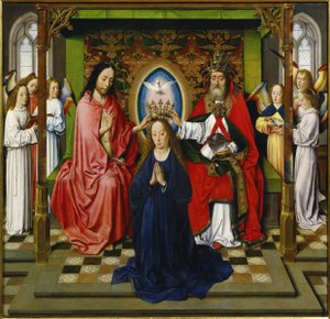 A woman in a blue skirt gets a crown from two men with six angels in the background