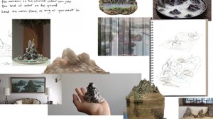 Collage on a white background, writing, images of sculptures, sketches and photos, depicting mountains, landscape and trees with incense, among other things.