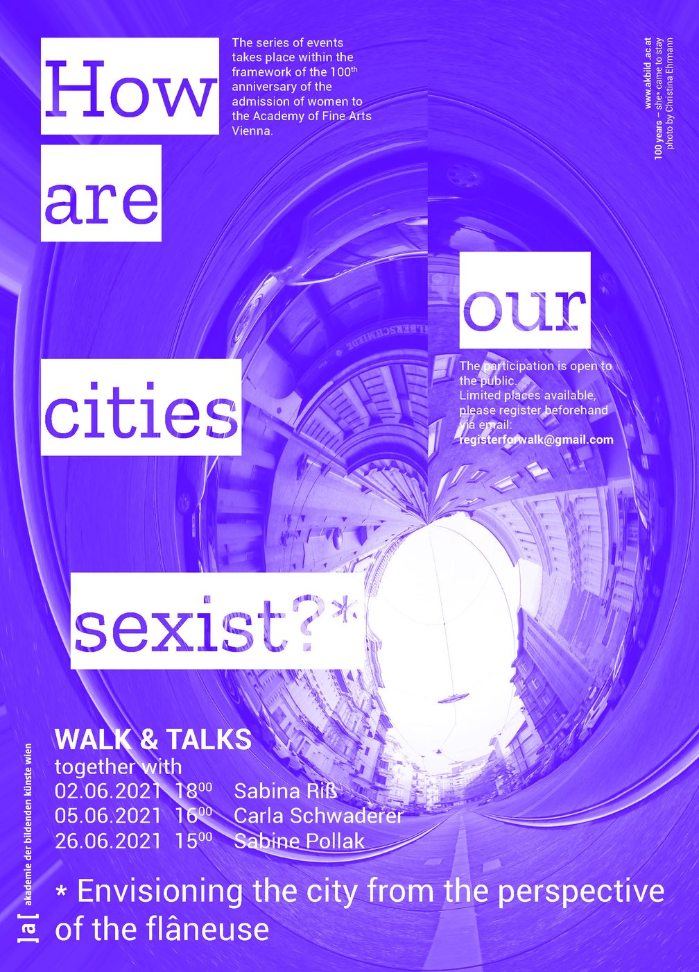 Purple Flyer with the Title "How are our cities sexist?" with Date Information on all Walk and Talks