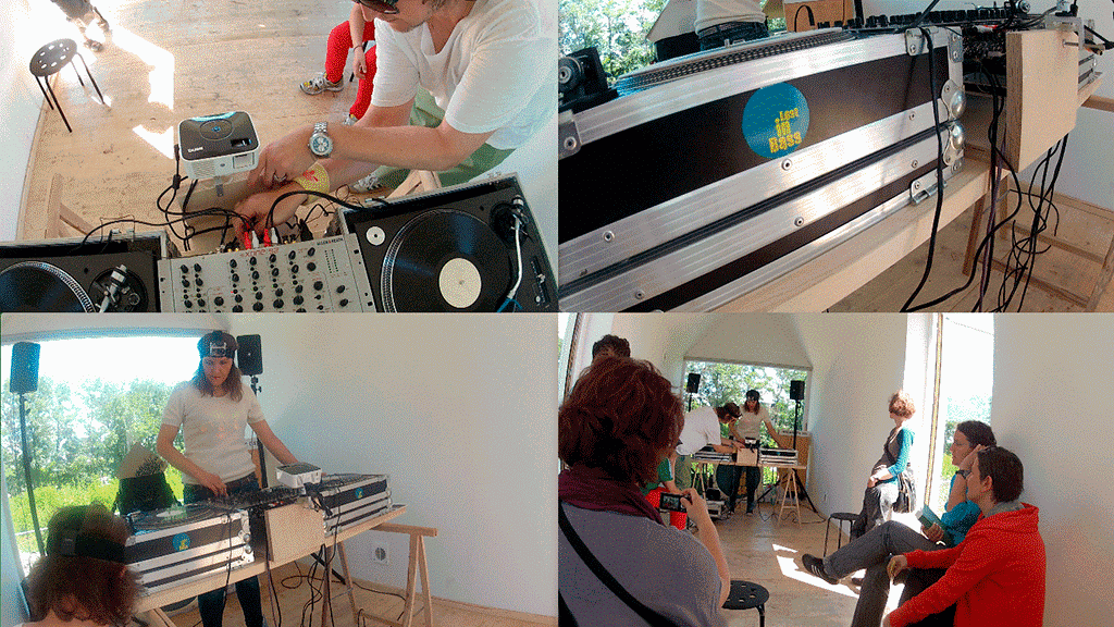 Film stills showing the artist at the turntables, a close up of the turntables, the technique used, and the audience.