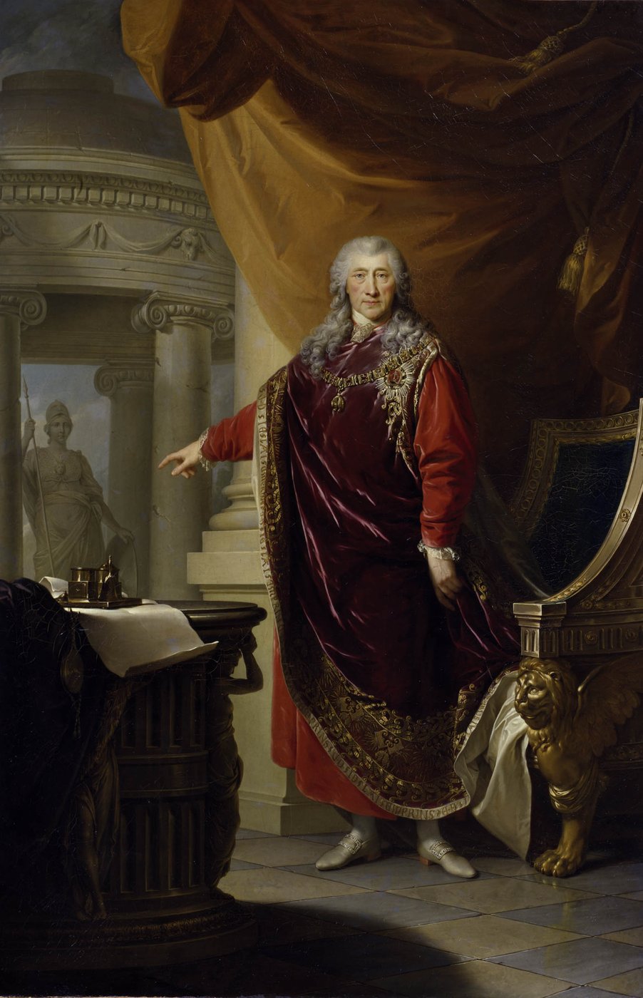 The painting shows the Protector of the Academy, Prince Wenzel Anton Kaunitz-Rietberg, in an idealized space with a temple of Minerva, the goddess of wisdom, in the background. He presents himself as a man of state in the vestments of the Order of the Golden Fleece and an allonge wig, standing before an ornate chair and behind a small desk with writing utensils and pointing to the statue of Minerva with his right hand.