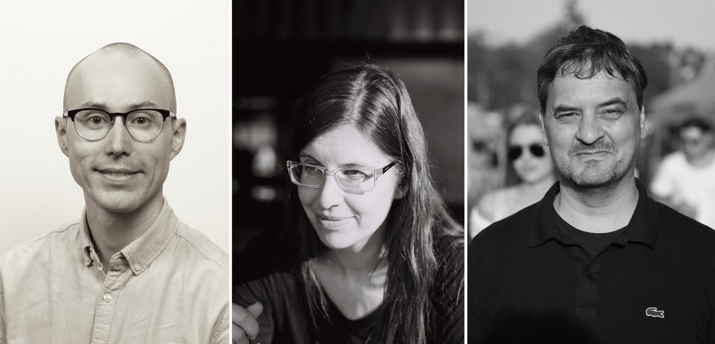 Three black and white photo portraits. Left: Christoph Salcher, a middle-aged man with large glasses and bald head, smiling in a friendly manner. Center: Katharina Tiwald, a middle-aged woman with delicate glasses and long hair parted on the left side, smiling, her head slightly tilted to the left. Right: Peter Waldeck, a friendly looking man in his prime with a full head of dark hair, has his left eyebrow raised slightly.