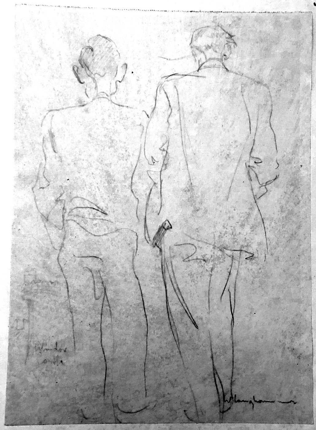 The upright-format drawing shows a back view of two men, the one on the right being taller, standing in casual suits.